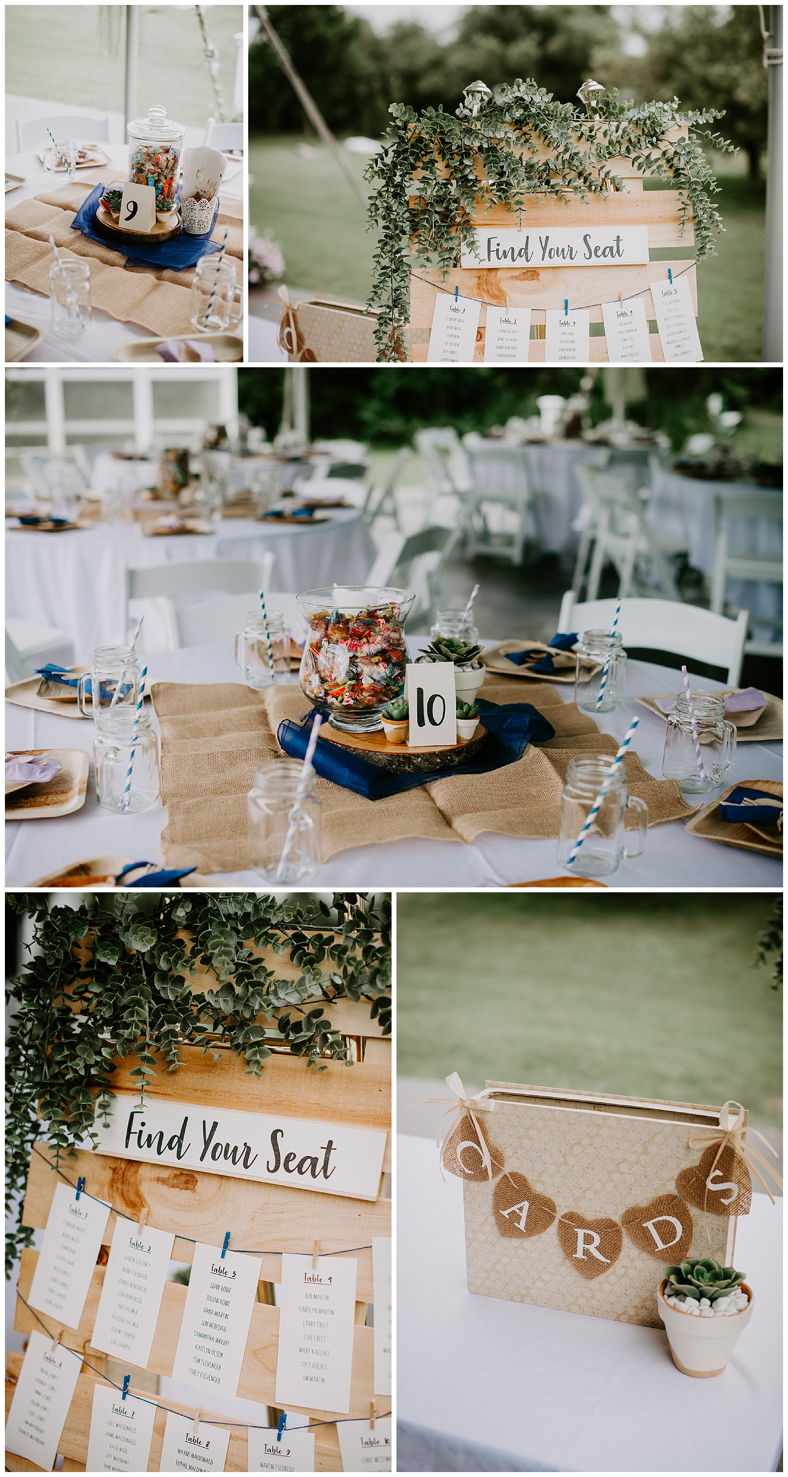 Wedding Details with succulents, eco friendly plates, at Apple blossom chapel in Fennville Michigan