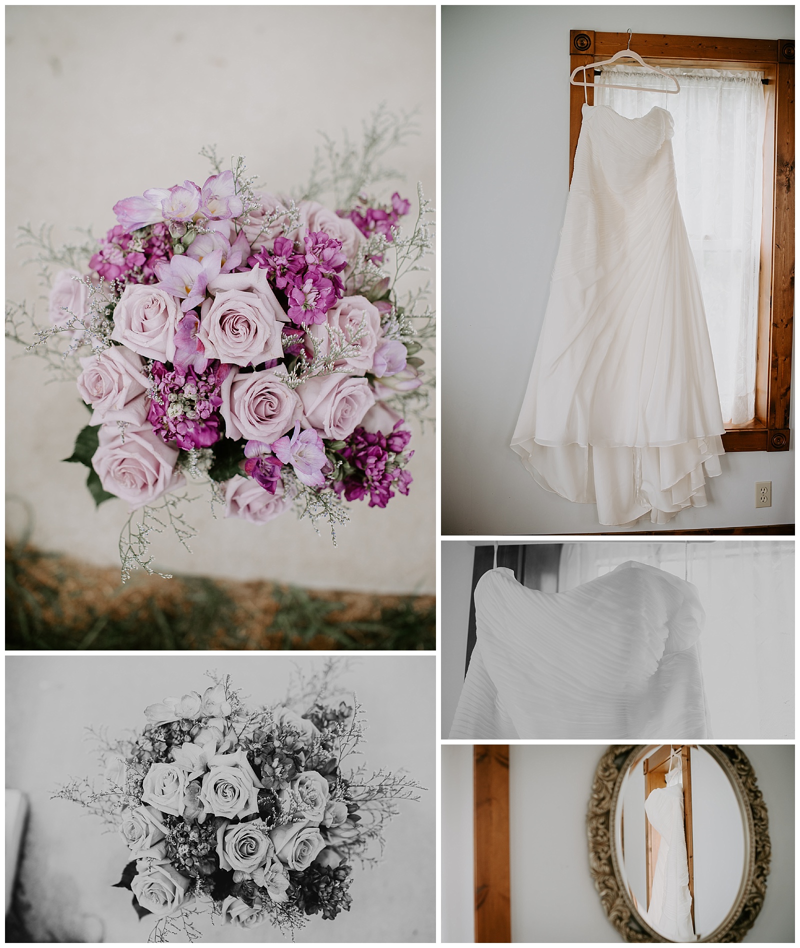 wedding dress hung in front of the window, purple roses and baby's breath in a wedding bridal bouquet