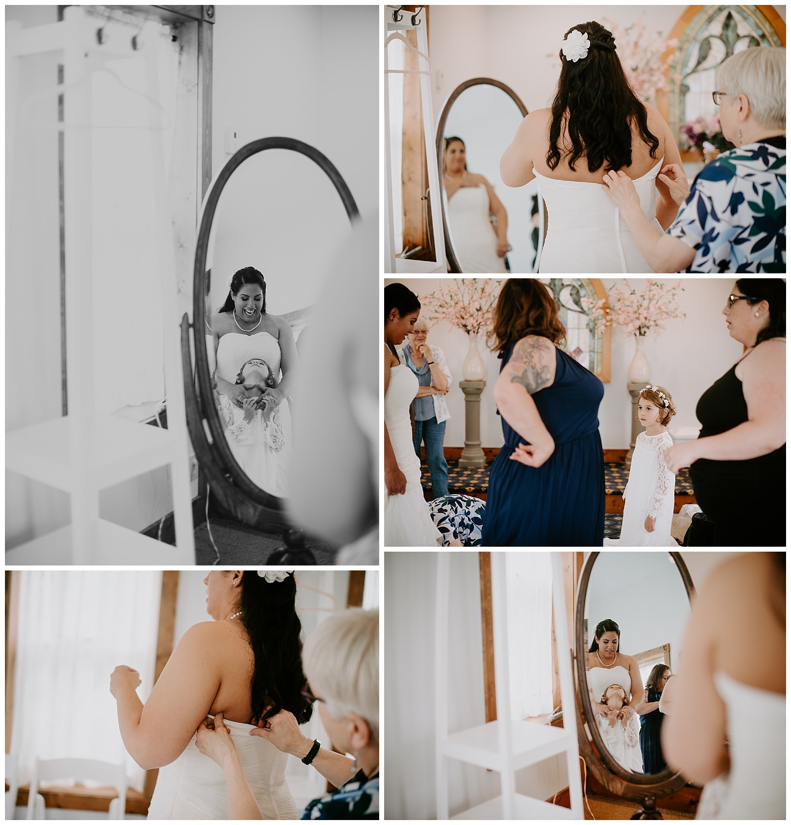 adopted mom assisting daughter put on her white wedding dress and niece with bride in mirror