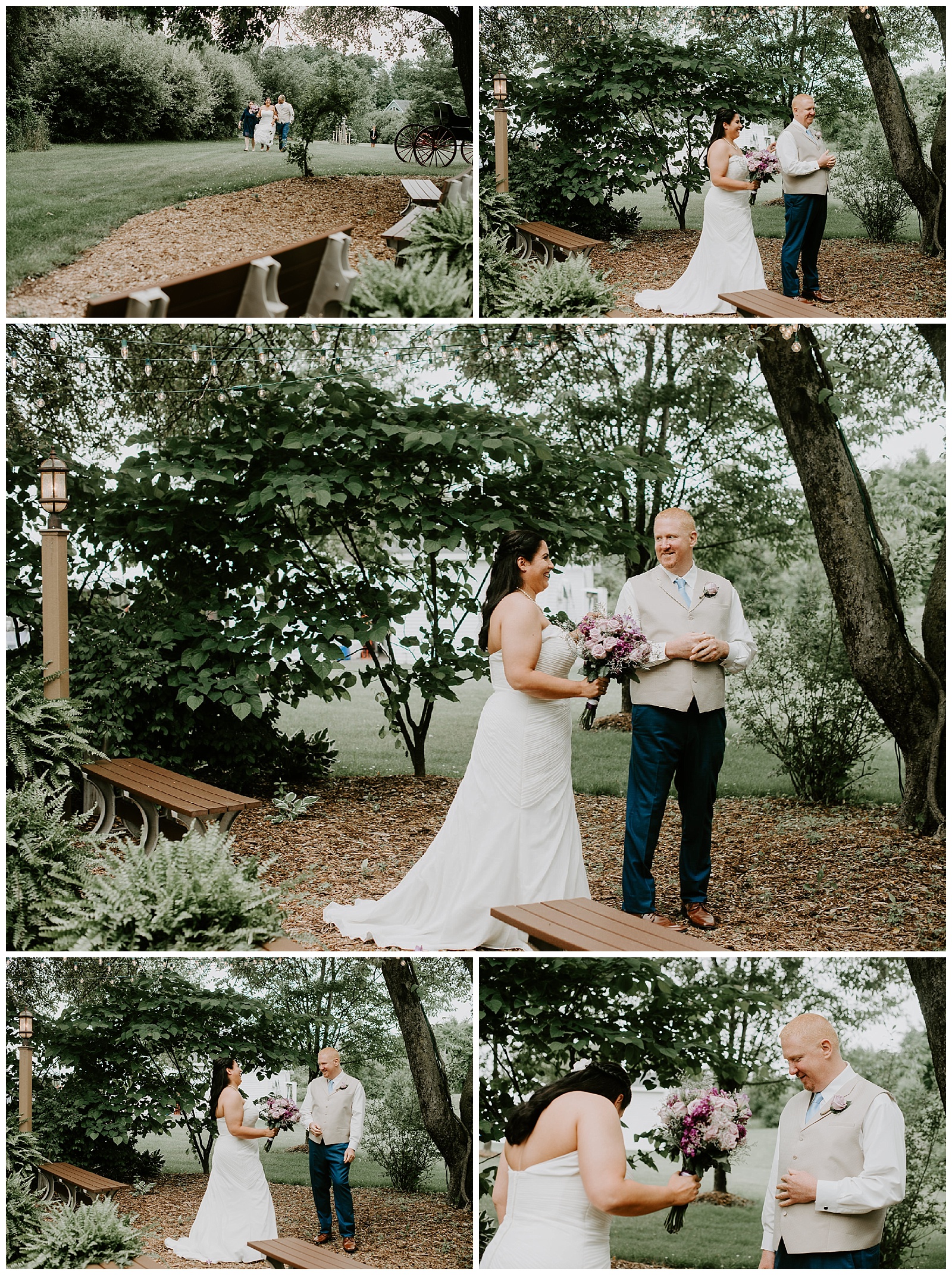 intimate first look between bride and groom under the apple orchard trees at apple blossom chapel and gardens