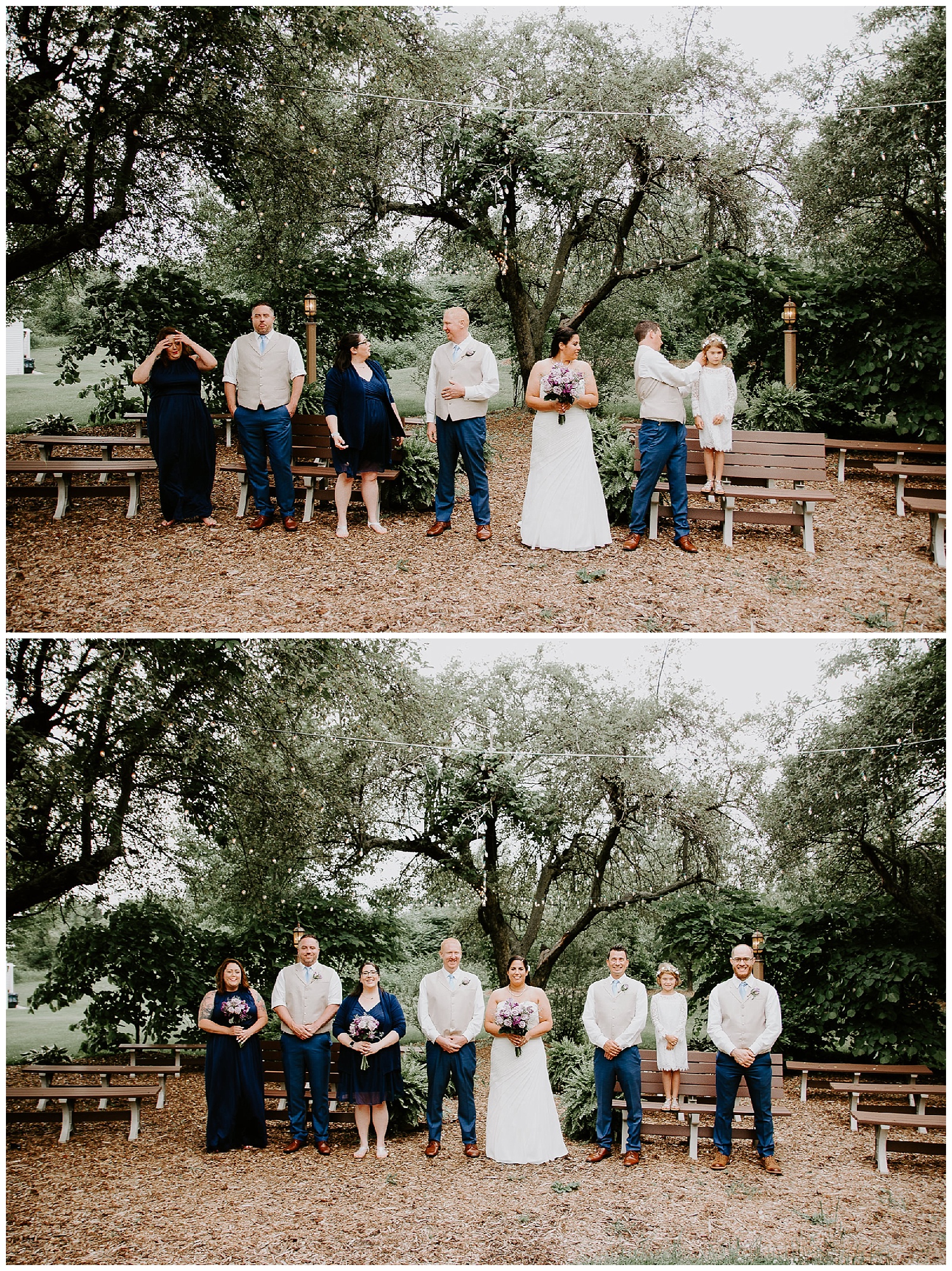 navy blue and tan wedding party photos in fennville michigan at apple blossom chapel and gardens