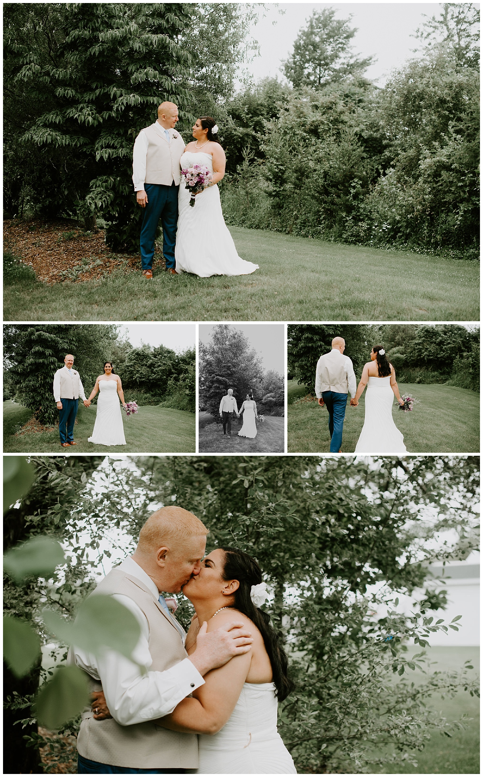 bride and groom taking wedding portraits and kissing under apple trees