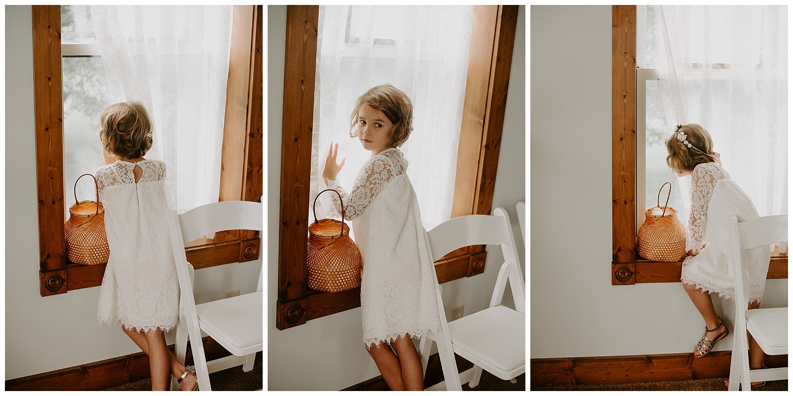 flower girl wearing white sitting in a window before the ceremony