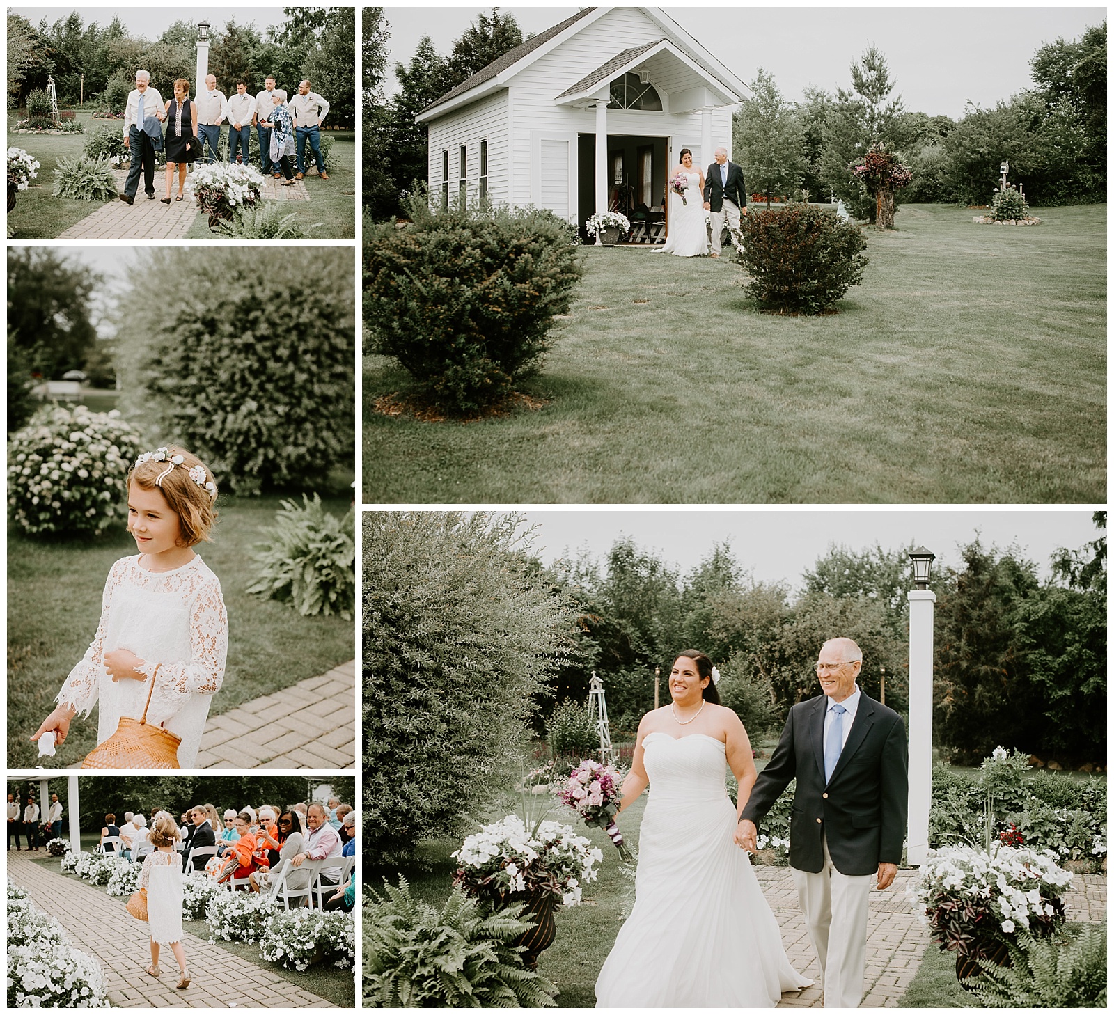 bride and dad walking down the aisle to get married with flower girl