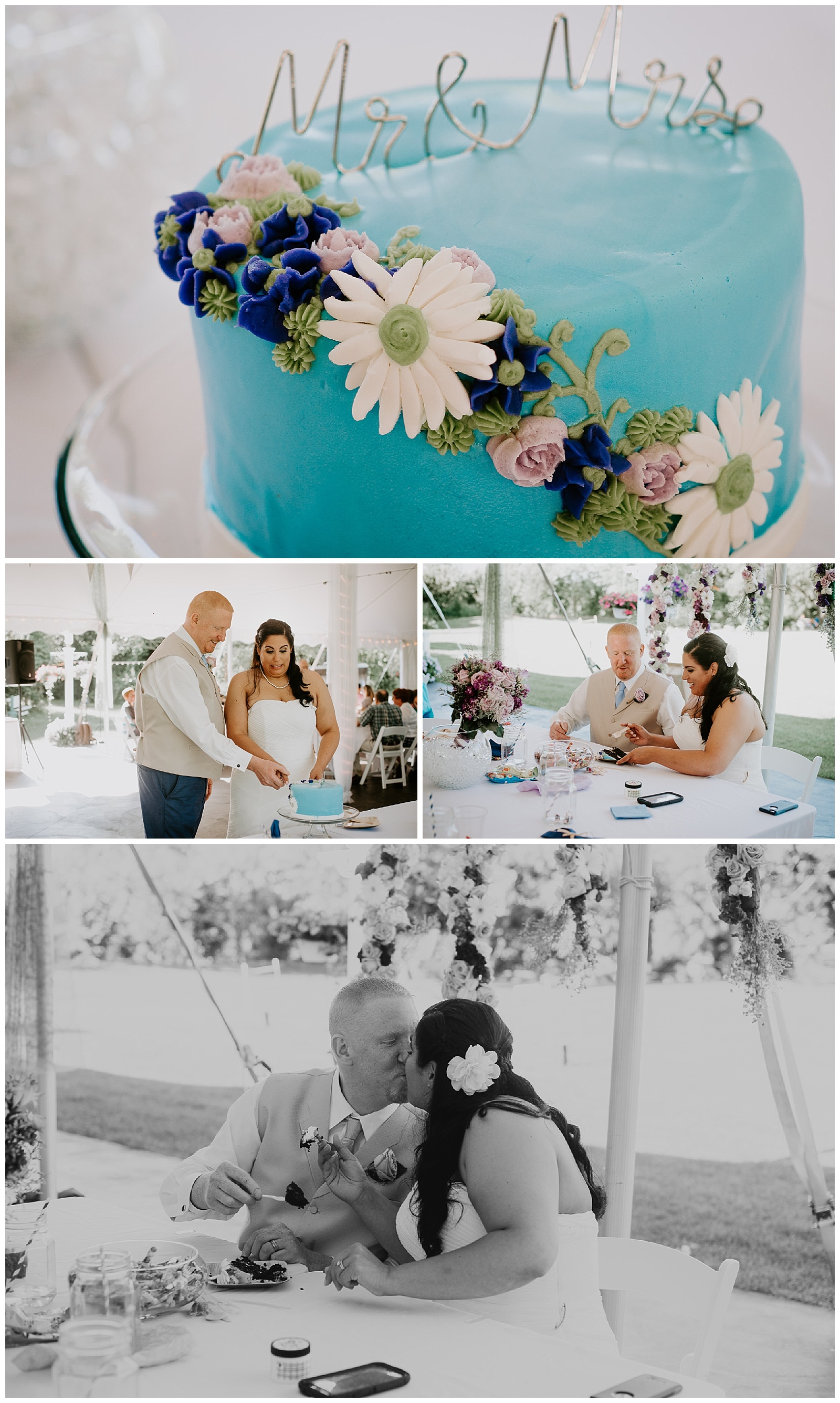 bride and groom cutting cake and eating blue and purple wedding cake