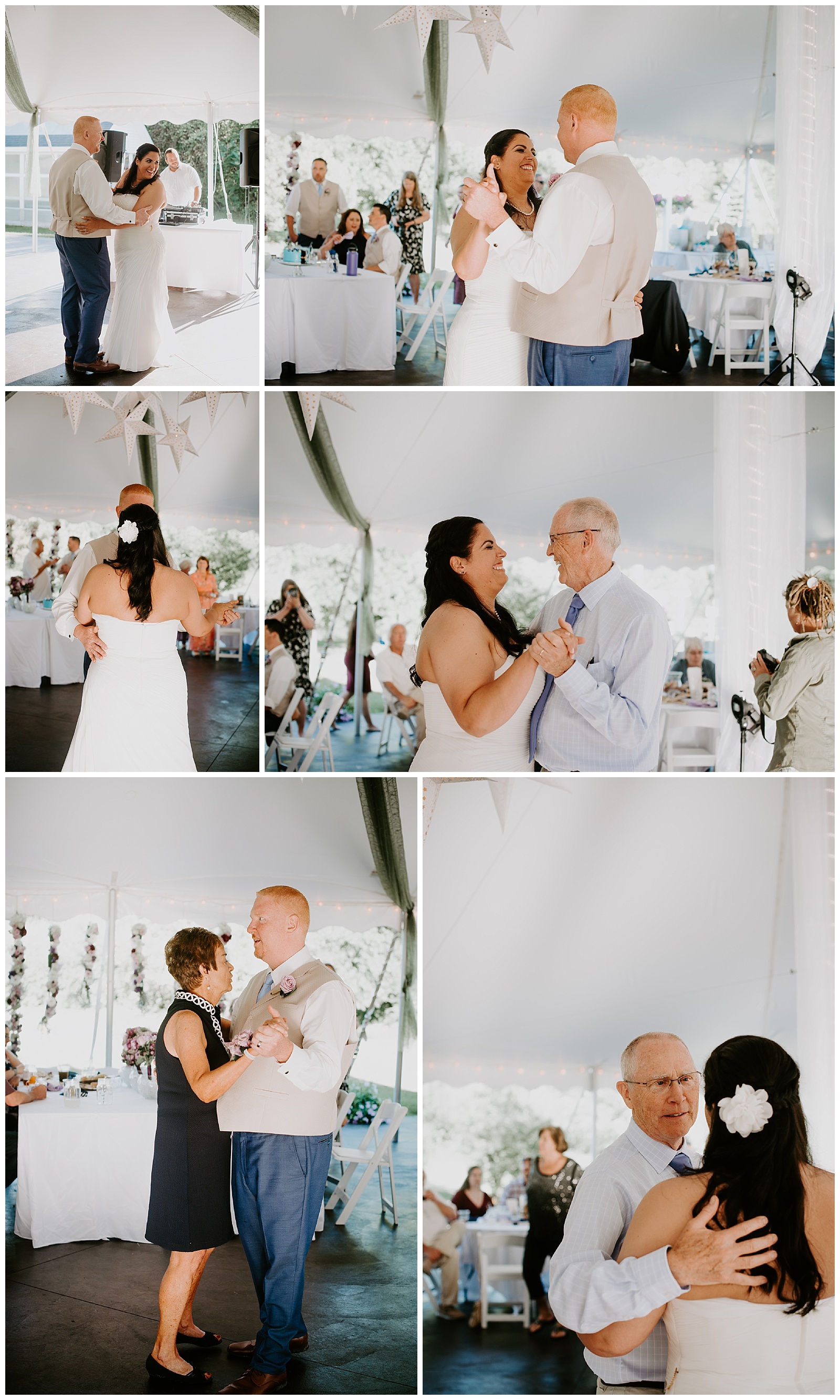 bride and groom with father and mother doing first dances in a tented reception space