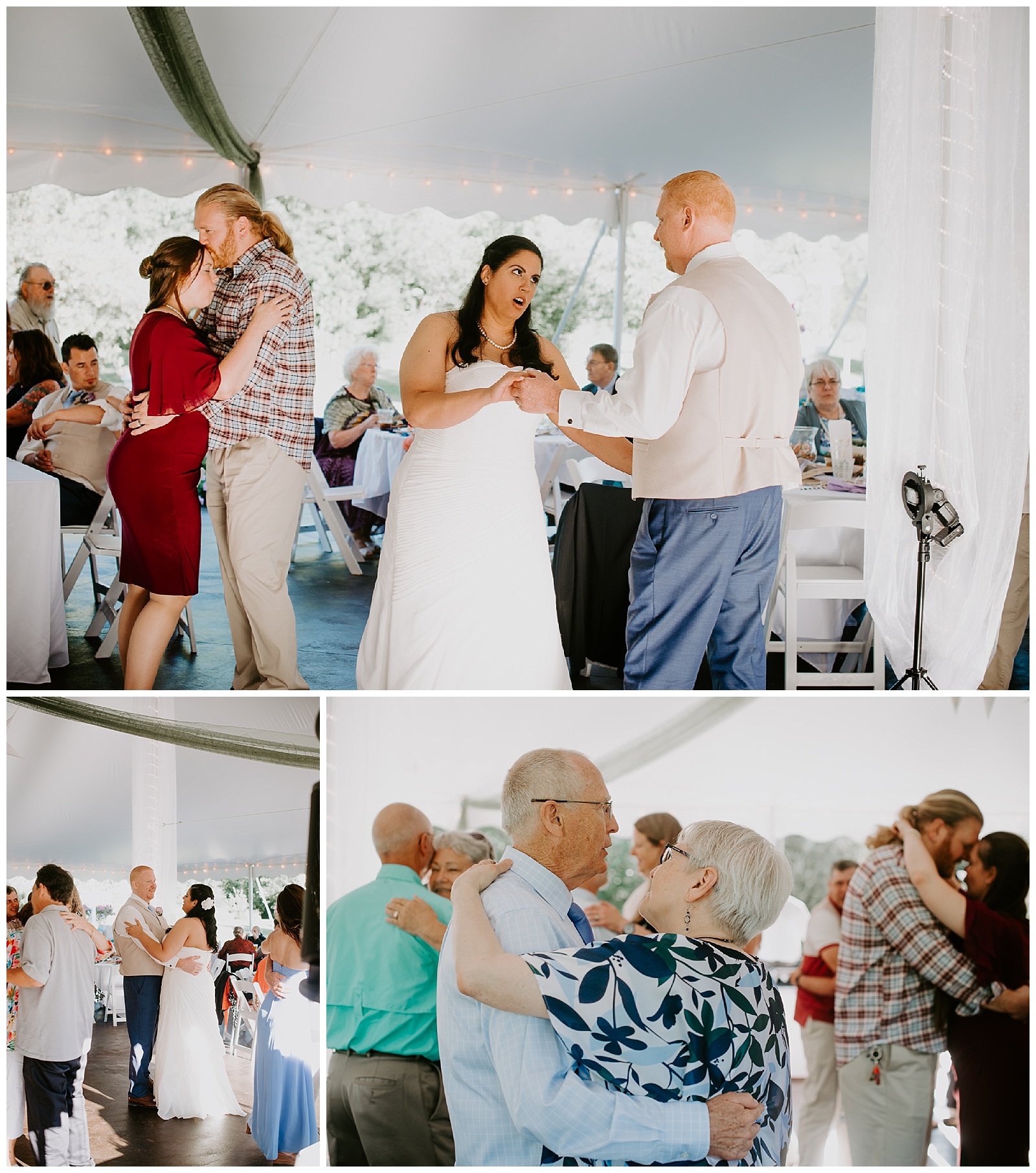 open dancing for wedding under a tent during michigan summer wedding at apple blossom chapel and gardens