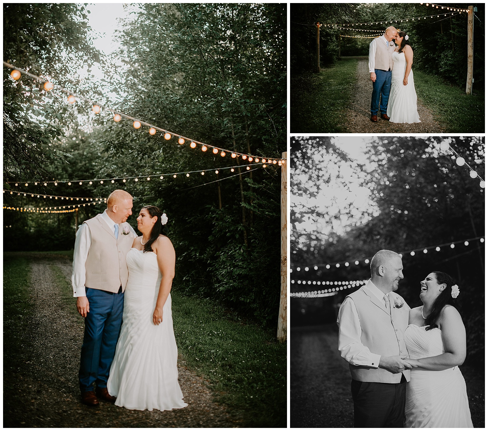 interracial couple pose for bridal portraits under a walk way lit with bistro lights at sunset