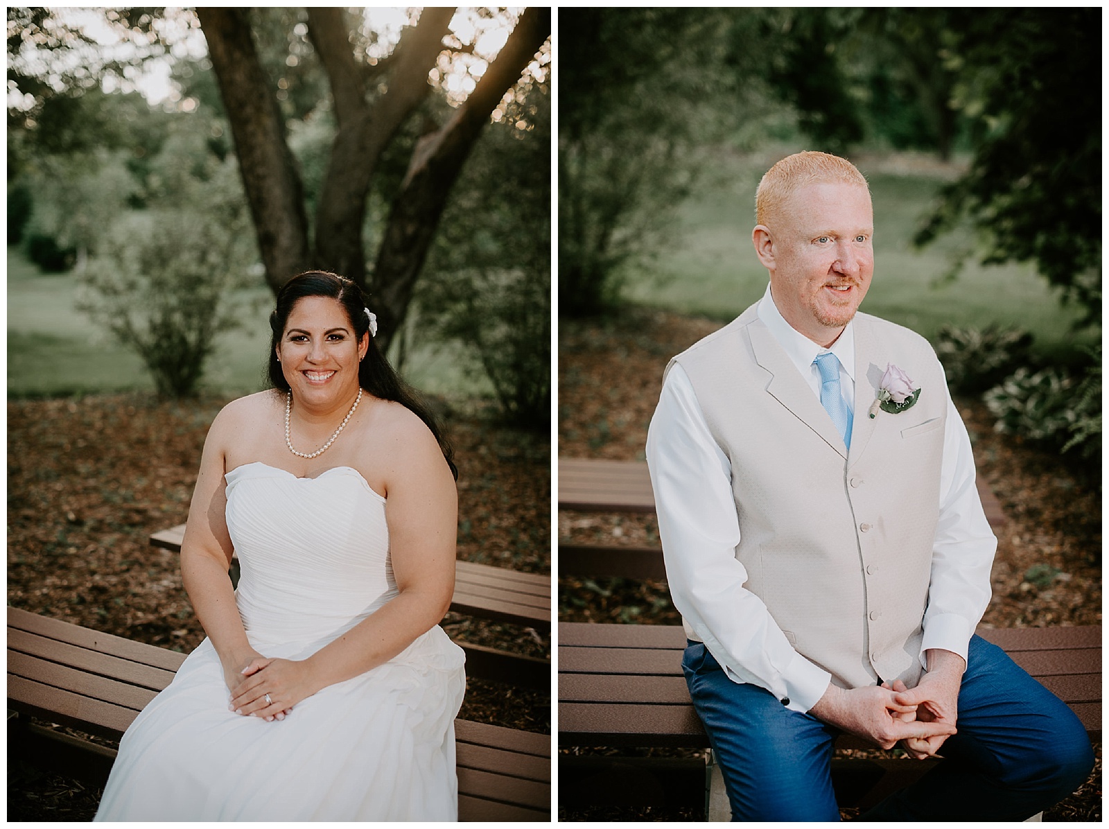 bride and groom portraits side by side sitting on a bench in an apple orchard
