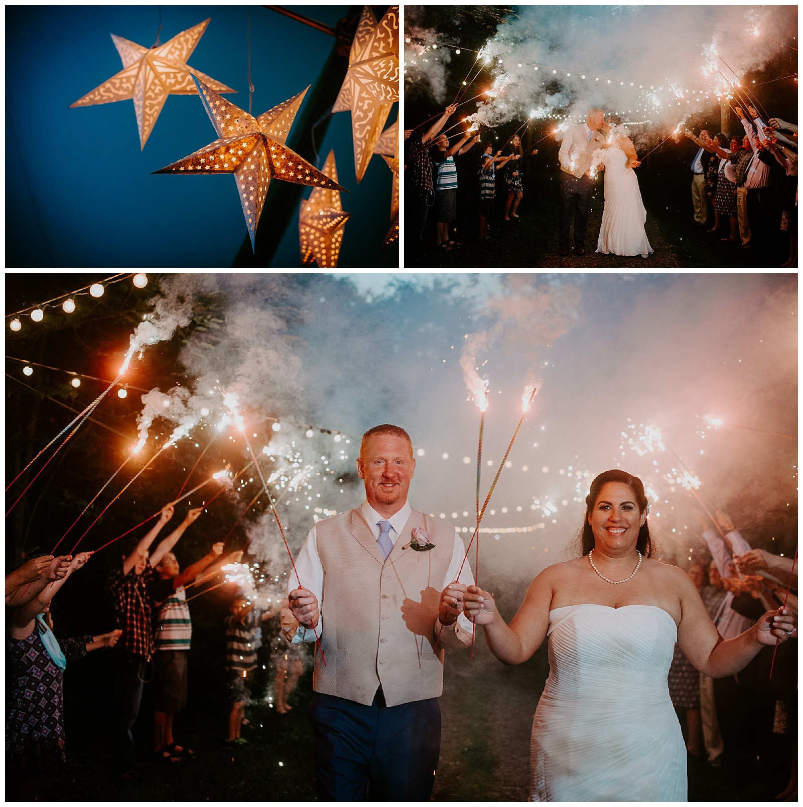 couple with sparklers during their night time sparkler exit and wedding send off
