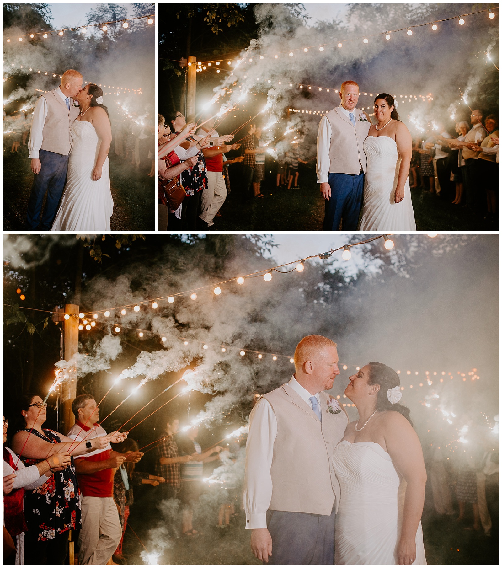 couple at sunset with family using sparklers as a wedding send off