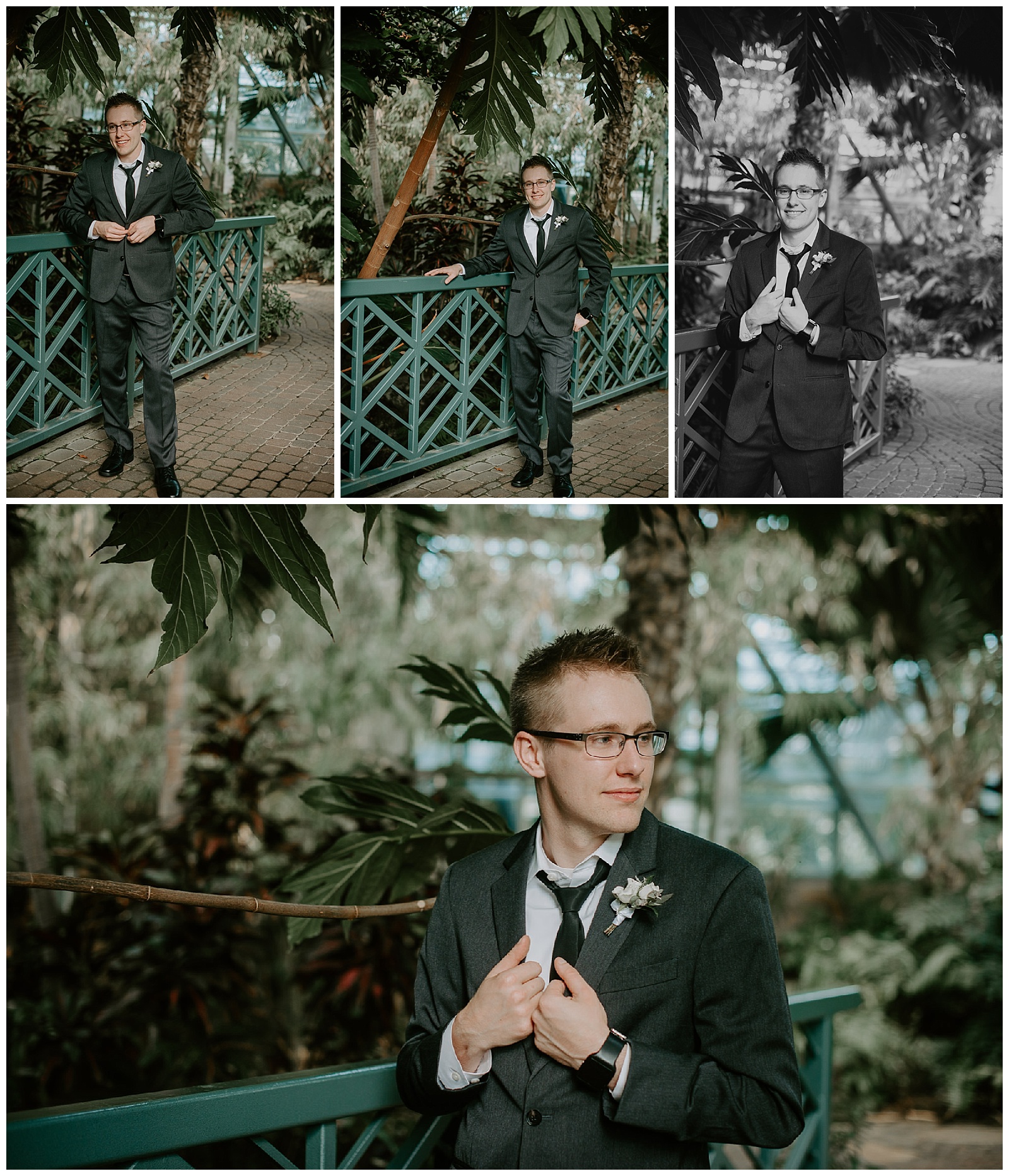 photos of groom in gray suit and glasses during formal portraits