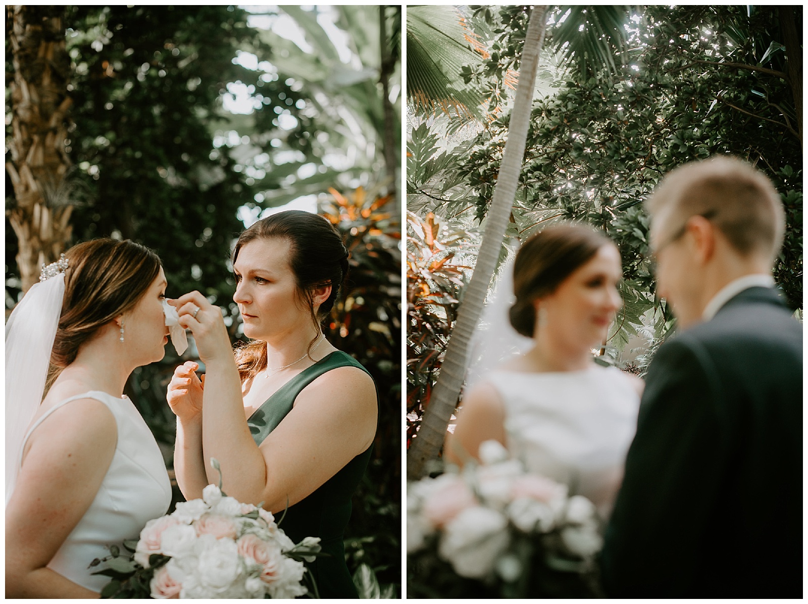 bride with maid of honor and groom in meijer gardens tropical conservatory