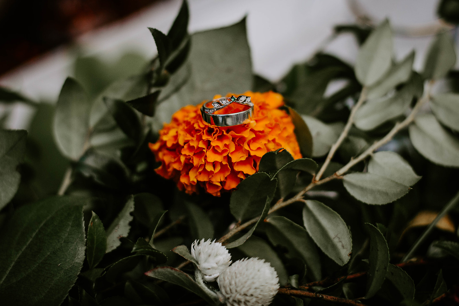 Wedding rings on flower. Orange flower with green leaves. intimate wedding photography. michigan photographer. 
