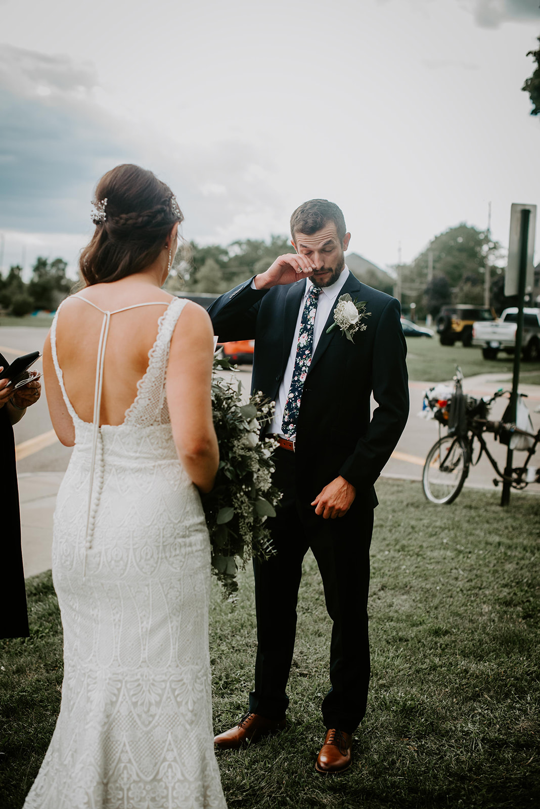 Groom crying. Bride and groom in city. Detroit wedding. Detroit, MI. Michigan wedding photographer. Elopement photographer. 