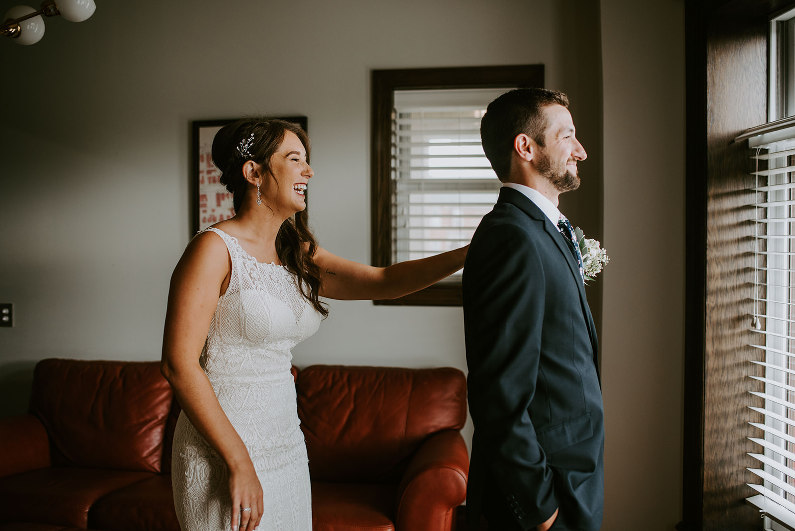 Bride and groom first look. Michigan wedding photographer.