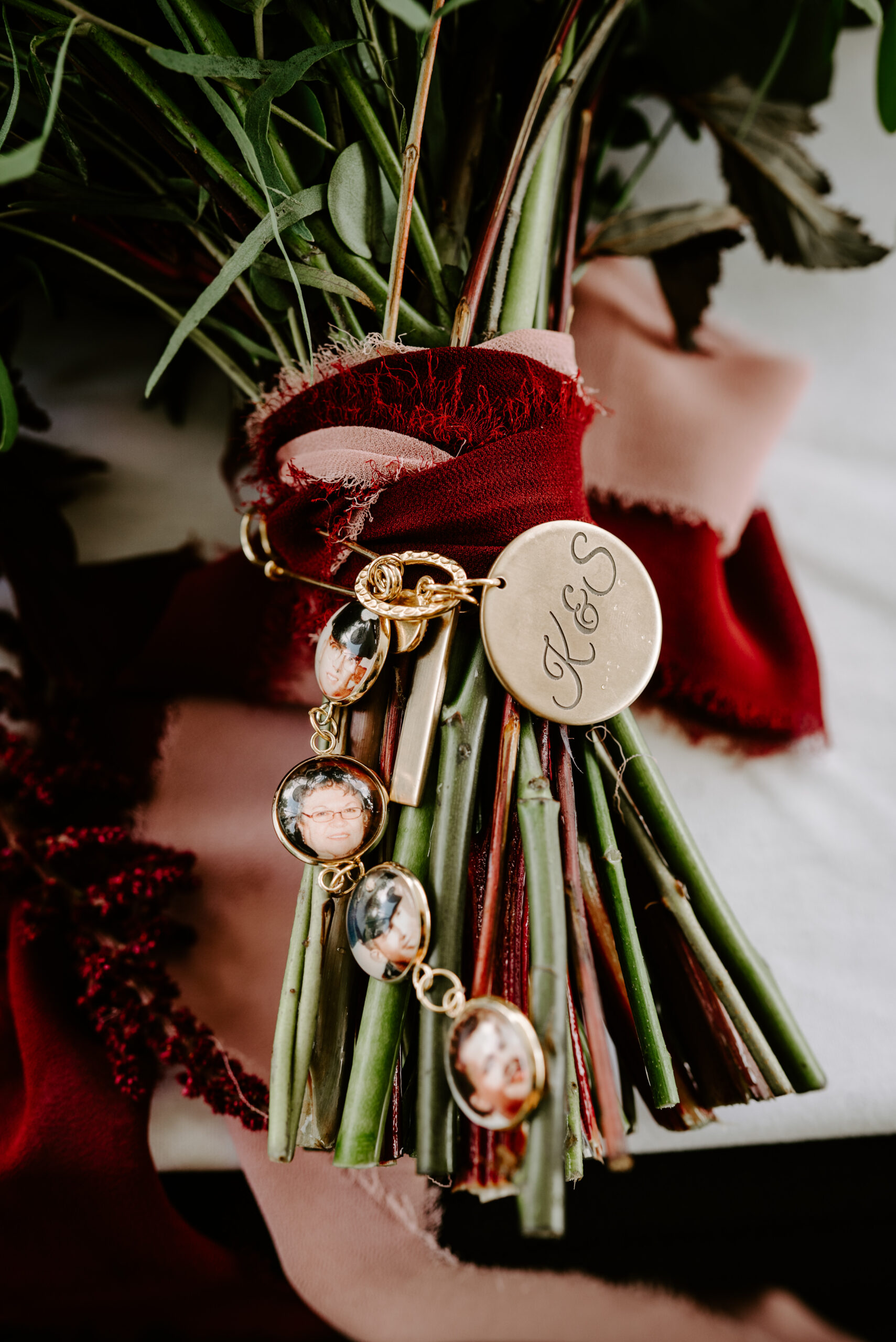Wedding florals for two brides locket charms memory charms LGBTQ plus wedding