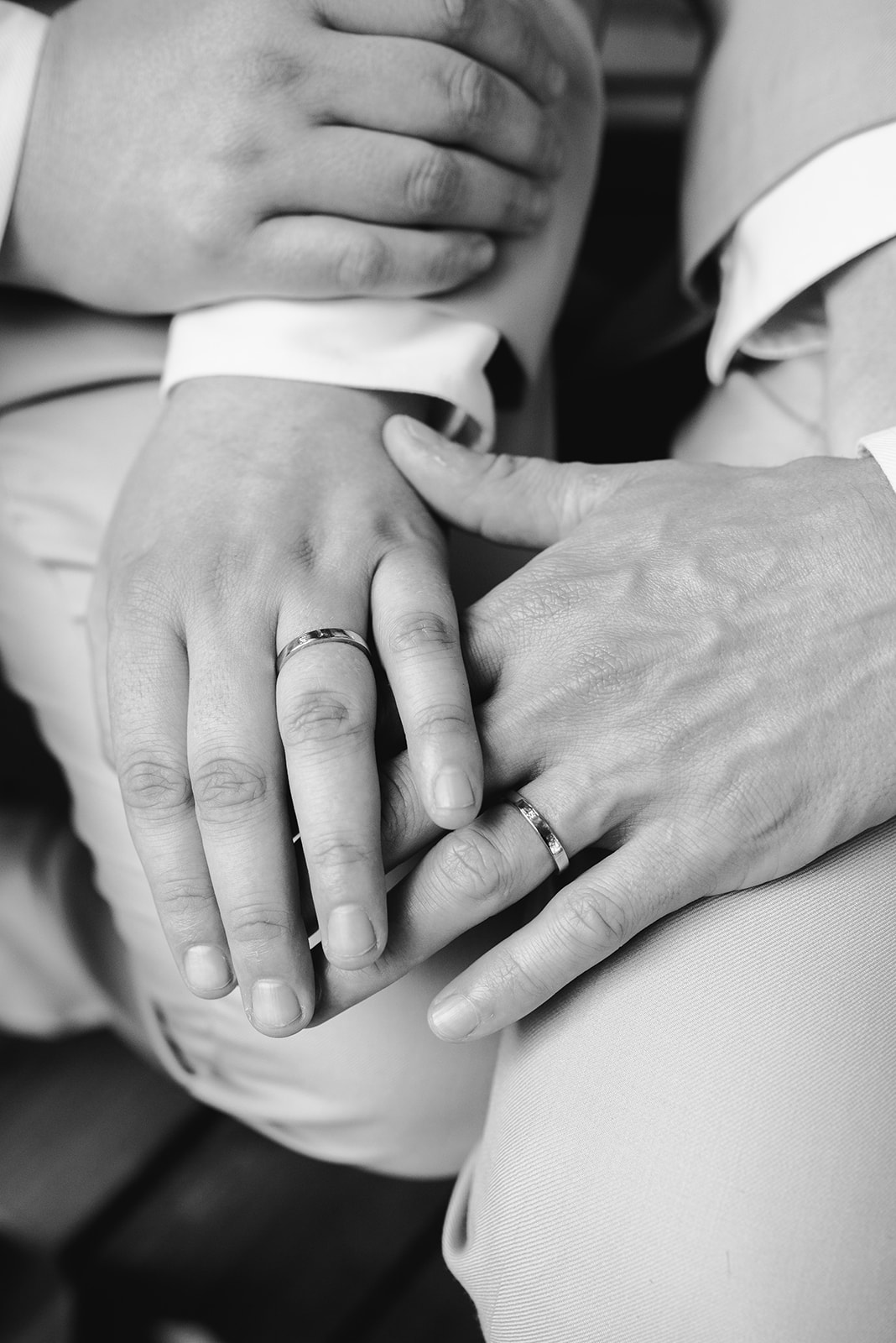 lgbt boho neutral wedding at john ball zoo in grand rapids michigan up close black and white photo of rings and hands