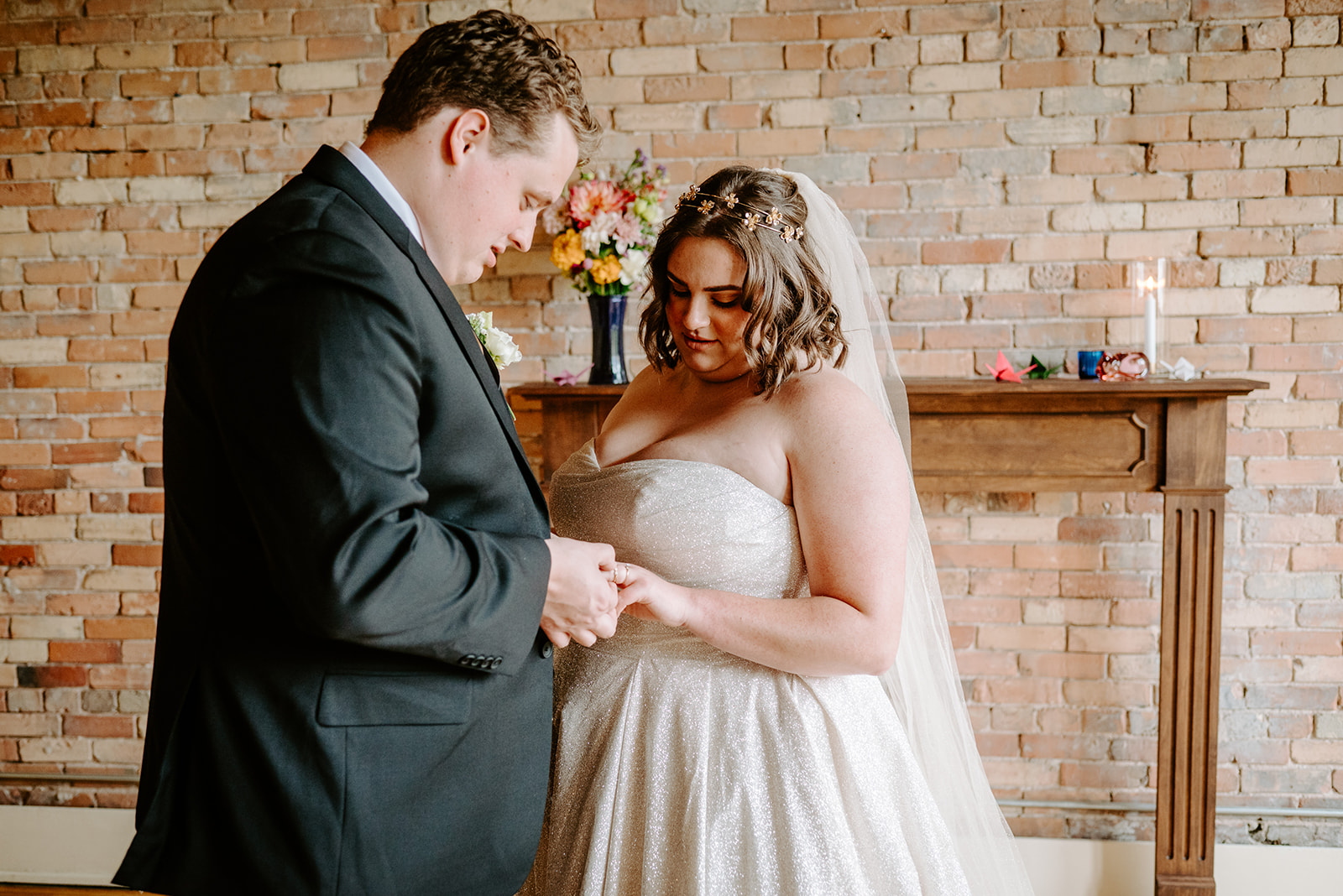 bride and groom during first look at a colorful downtown grand rapids michigan wedding 