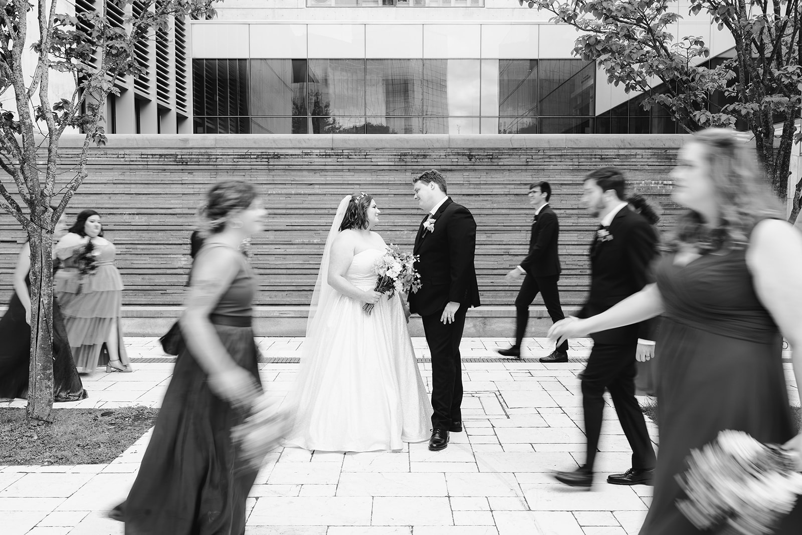 black and white photo of wedding party in downtown grand rapids michigan