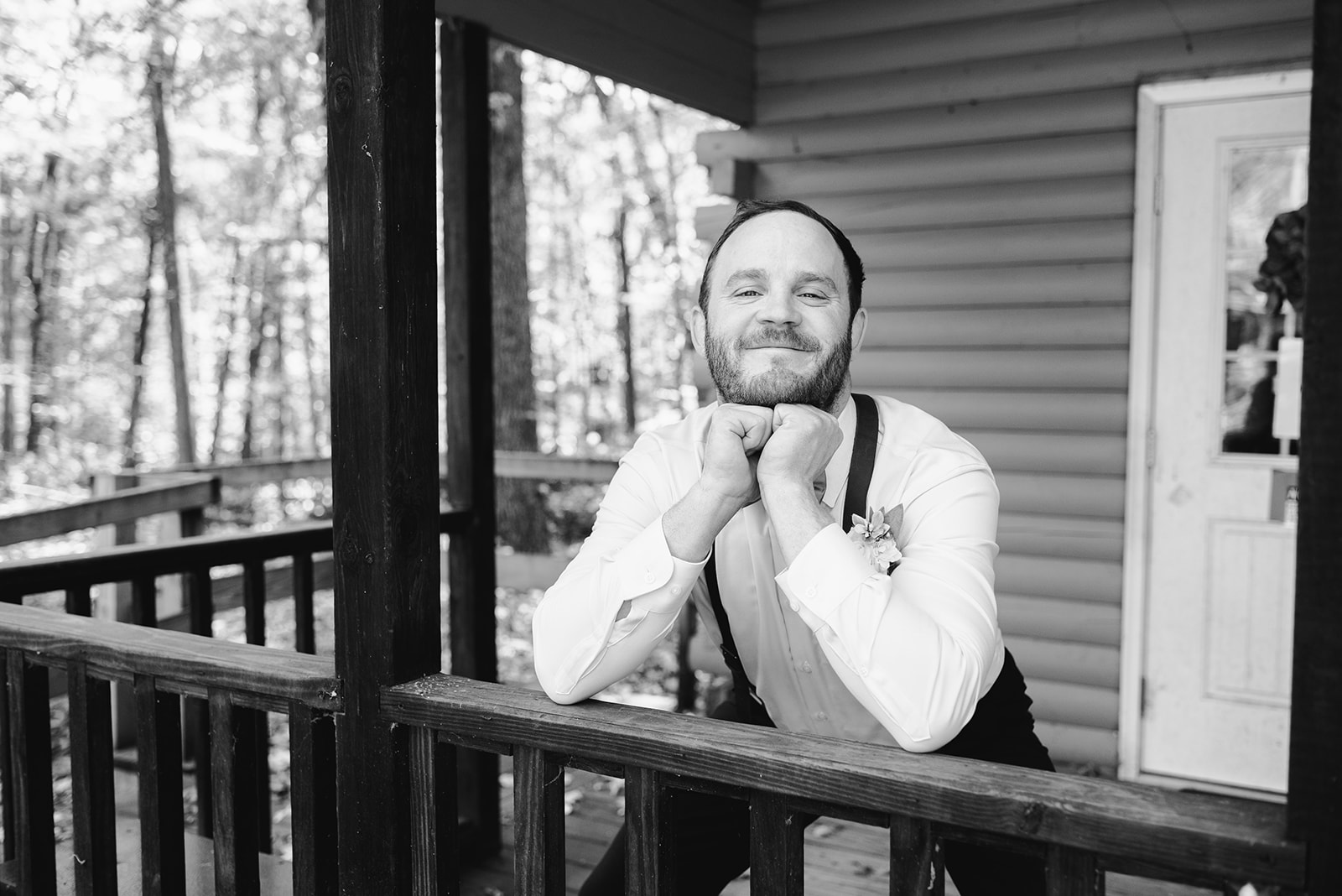 black and white groom portrait  fall wedding at camp merrie woode by grand rapids wedding photographer Liv Lyszyk Photography