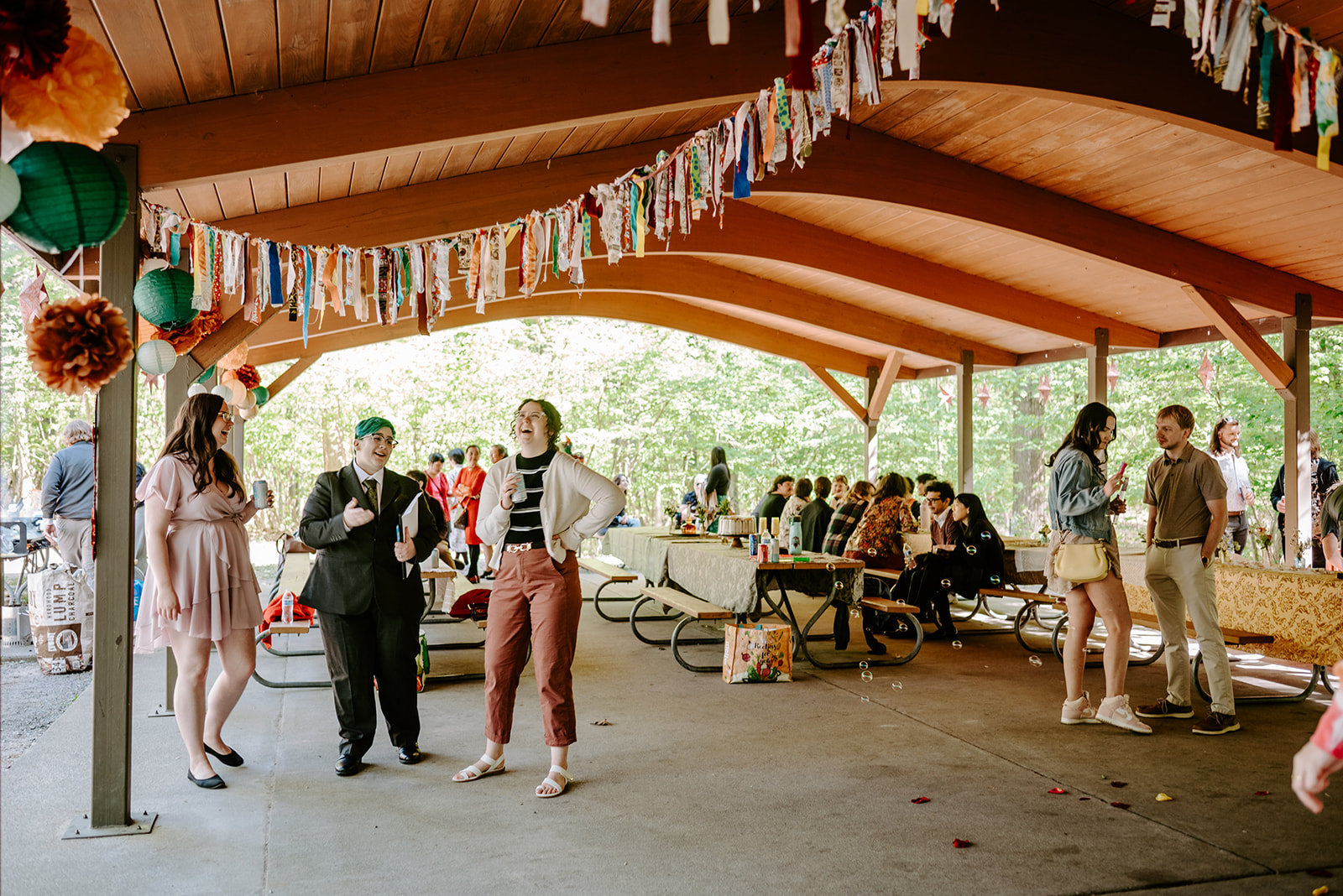 pavilion and guests at pj hoffmaster state park chinese american elopement photographed by Grand Rapids multicultural wedding photographer Liv Lyszyk Photographer